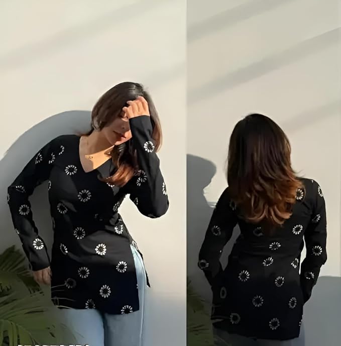 SAICHA Women's Floral Print V-Neck Long Sleeve Casual Short Kurti Top - Image 3
