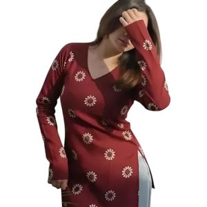 SAICHA Women's Floral Print V-Neck Long Sleeve Casual Short Kurti Top