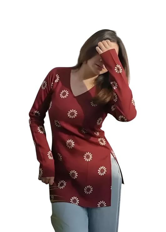 SAICHA Women's Floral Print V-Neck Long Sleeve Casual Short Kurti Top