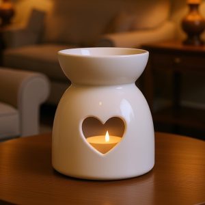 Ceramic Diffuser with Heart Cutout | 2.5 Inch Oil Burner for Essential & Aroma Oils, Wax Melt & Camphor Warmer | Decorative Tea Light Candle Holder for Home, Spa, Yoga & Gift Use (Off White)